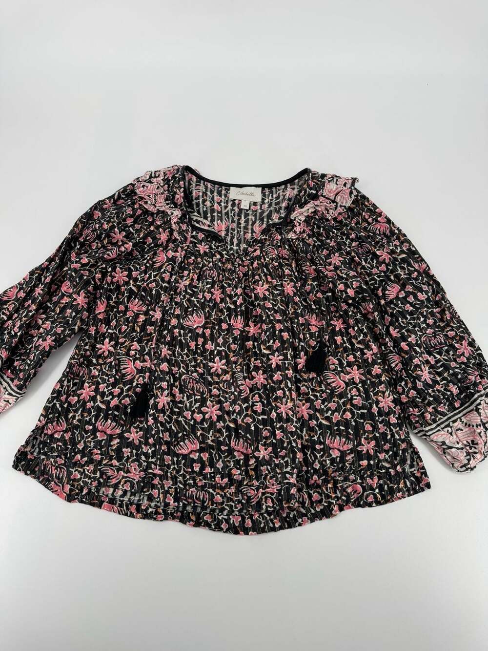 Cleobella Brynlee Metallic Stripe Floral Blouse Top Black Pink XS